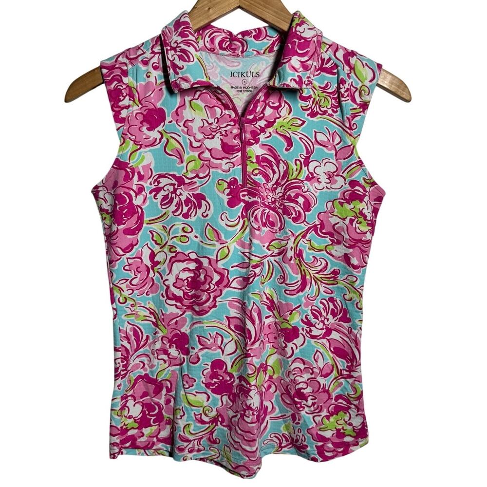 Icikuls Sleeveless Golf Pickleball Tennis Polo Pink Floral Resort Coastal Preppy